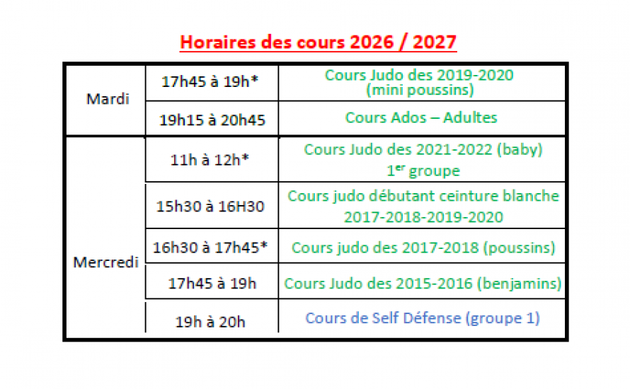 Horaires saison 2026/2027