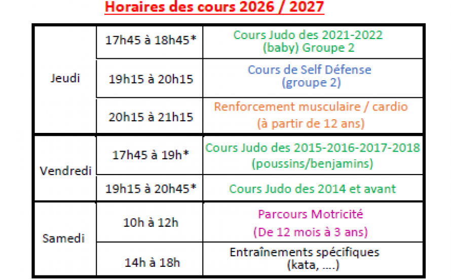 Horaires saison 2026/2027